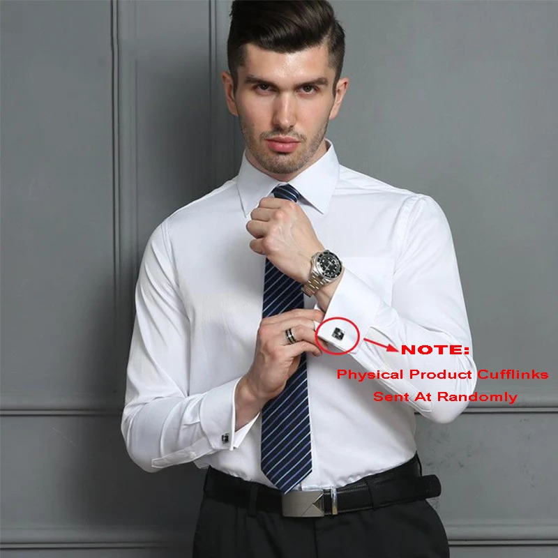 Mens Classic French Cuffs Social Dress Shirt Formal Business Standard-fit Long Sleeve Wedding Party Office Work White Shirts 250318