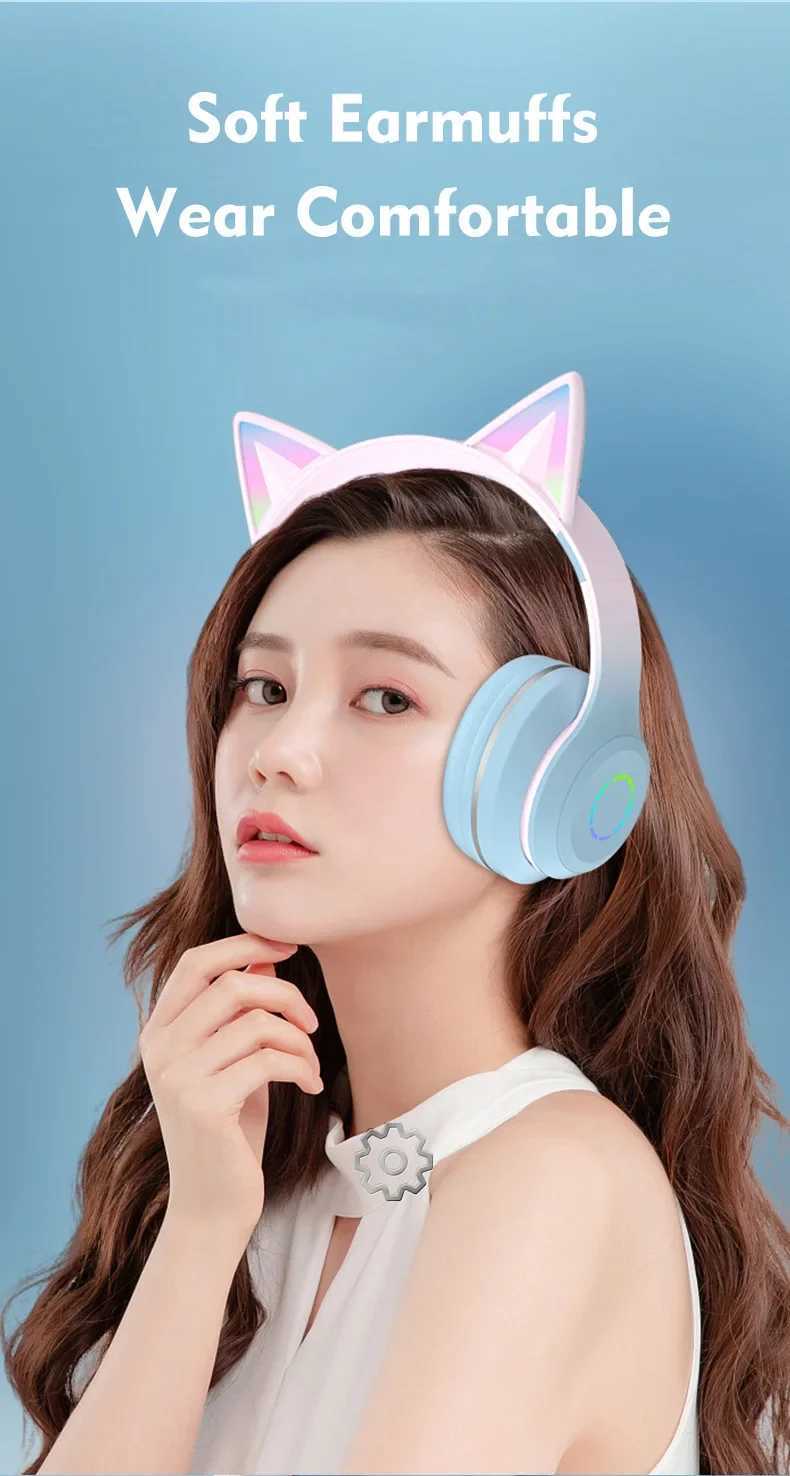 Cute Cat BT Light Headphones Wireless BT Earphone with HD Mic Hifi Stereo Music Gamer Headsets gifts for kids M250318