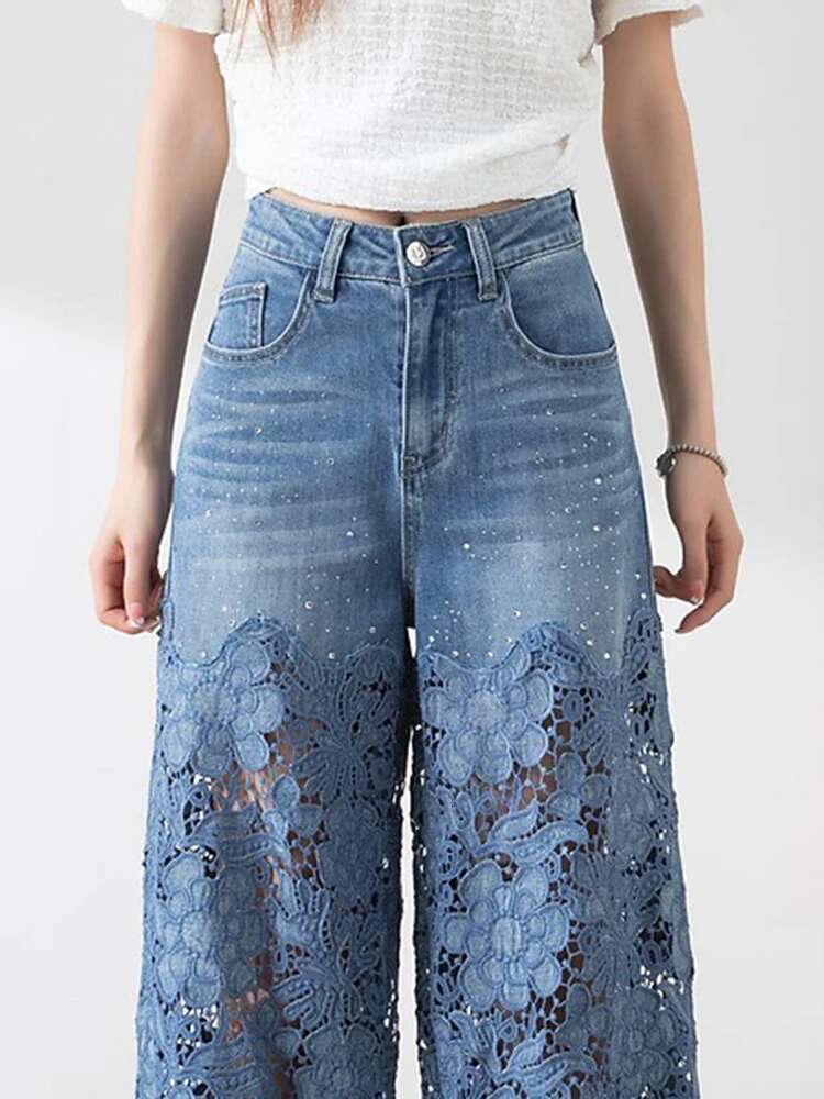 VGH Solid Hollow Out Patchwork Lace Casual Jeans For Women High Waist Spliced Pockets Minimalist Loose Wide Leg Pants Female New