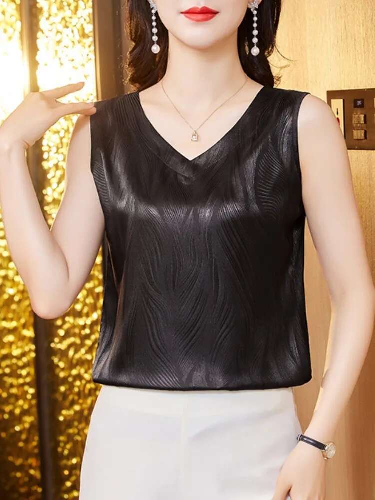 #1220 Sleeveless Vintage Satin Women V-Neck Short Top Sexy Office Outerwear Tank Tops Tees Slim Solid Color Summer