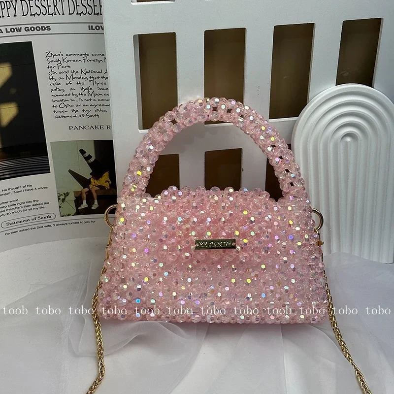 Summer Shining Bling Pink Clutch Bag Acrylic Beaded Woven Handbags for Women Crossbody Dinner Bags with Inner 250318