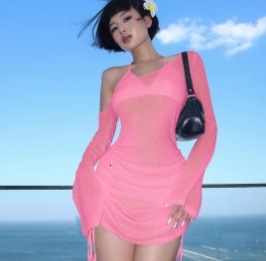 2025 Spring Summer New Sexy And Fashionable Wrinkle Hoodie Perspective Slant Neck Beach Dress