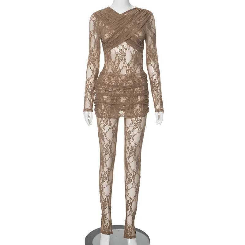 Womens 2023 new spliced lace S-through jumpsuit+two-piece leggings set elegant and sexy party club set Vestitos X250318
