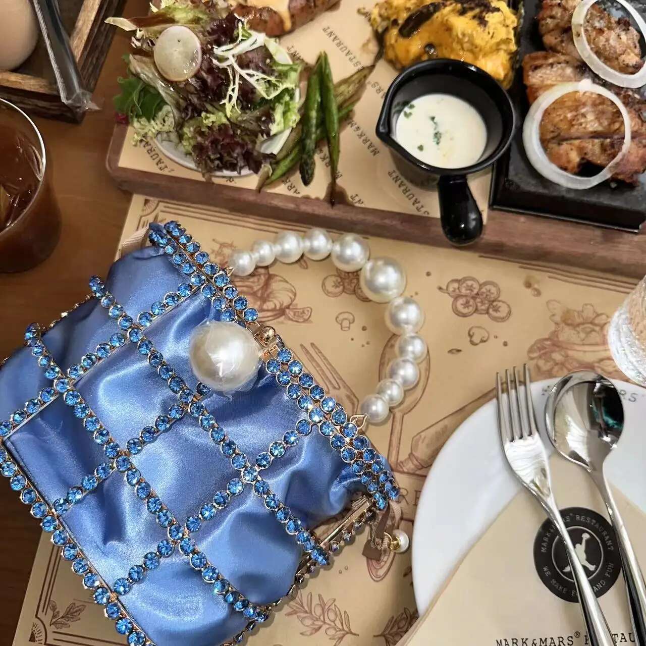 Gold Metal Cage Shiny Rhies Dia Evening Pearl Beaded Women Handbag Wedding Party Clutch Purse Crossbody Bag