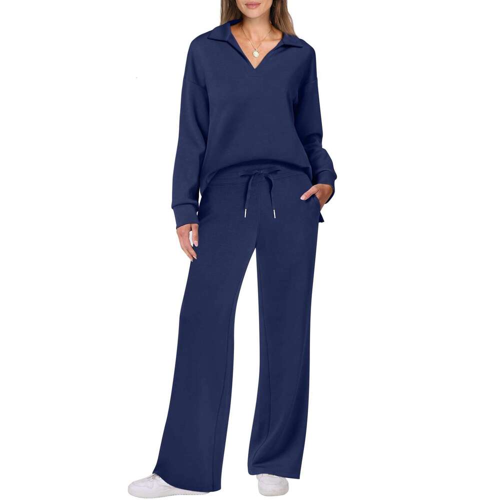 European and American Autumn/Winter Women's Long Sleeve Drawstring Solid Color Commuter Pants Set for Women 2025 New Casual Versatile Fashion Clo