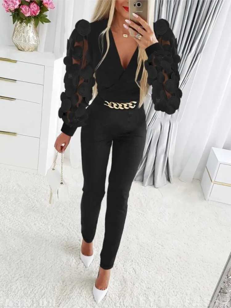 2024 sexy Dp V-neck mesh long Slve jumpsuit spring and autumn one-piece womens black elegant chain decoration party jumpsuit X250318