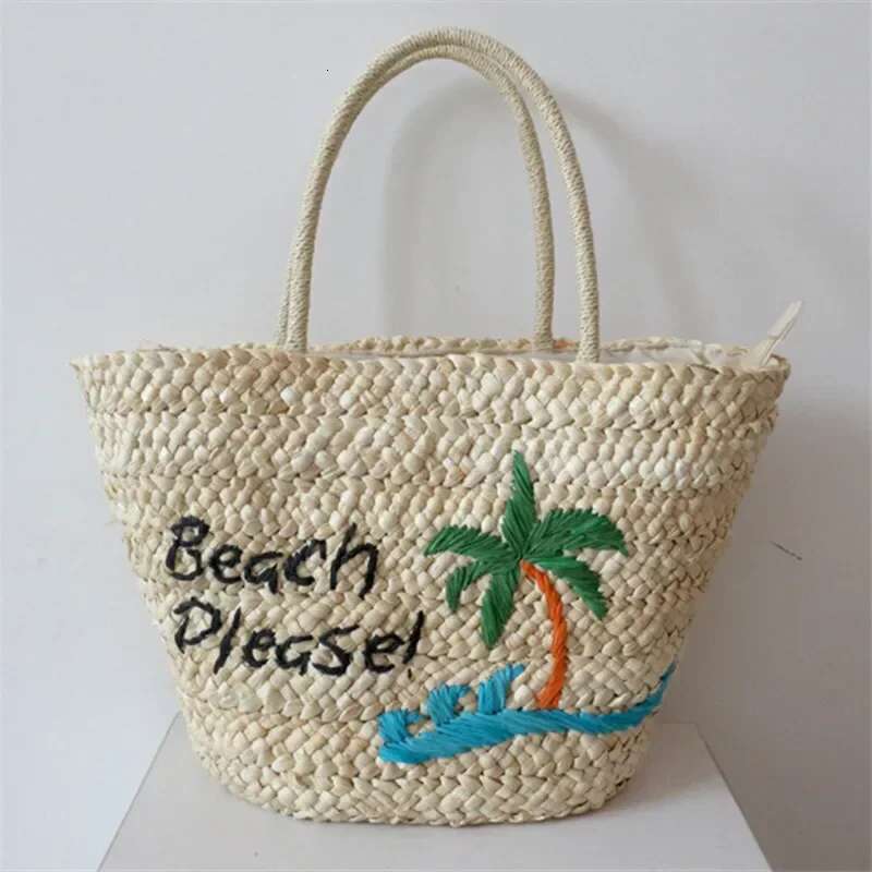 Summer Bohemia Beach Design Large Capacity Handmade Corn Husk Weaving Women's Tote Coconut Tree Embroidered Straw Bag