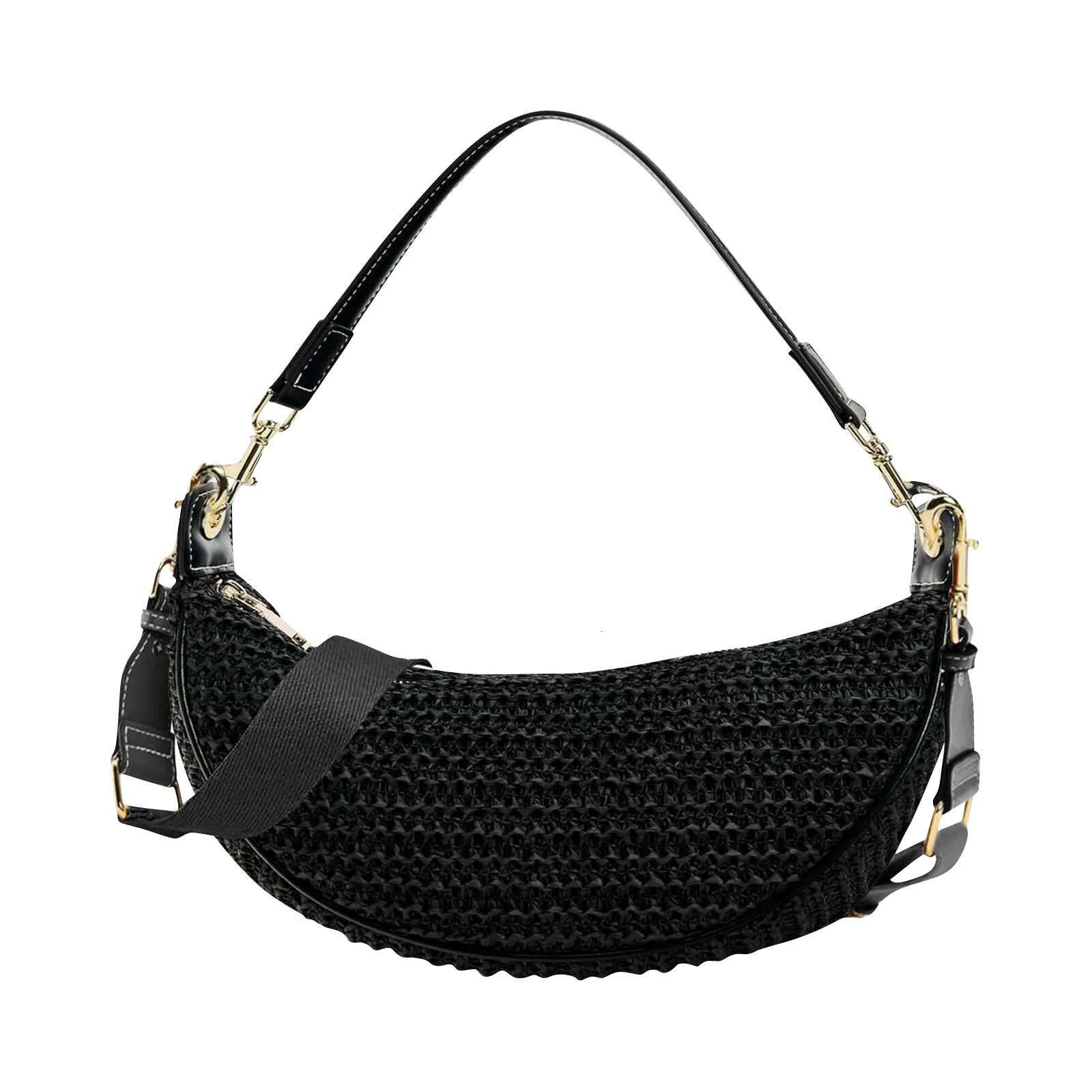 Straw Hand-Woven Handbag Moon Shape Rattan Big Capacity Drawstring Casual Beach Shoulder Crossbody Bag For Women