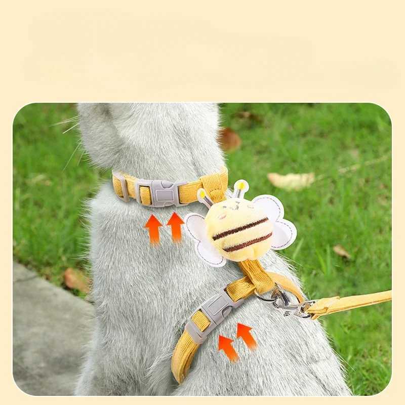 Cat harness collar set with adjustable cartoon bee double layered dog harness for small and medium-sized pet collars for outdoor walkingT250318