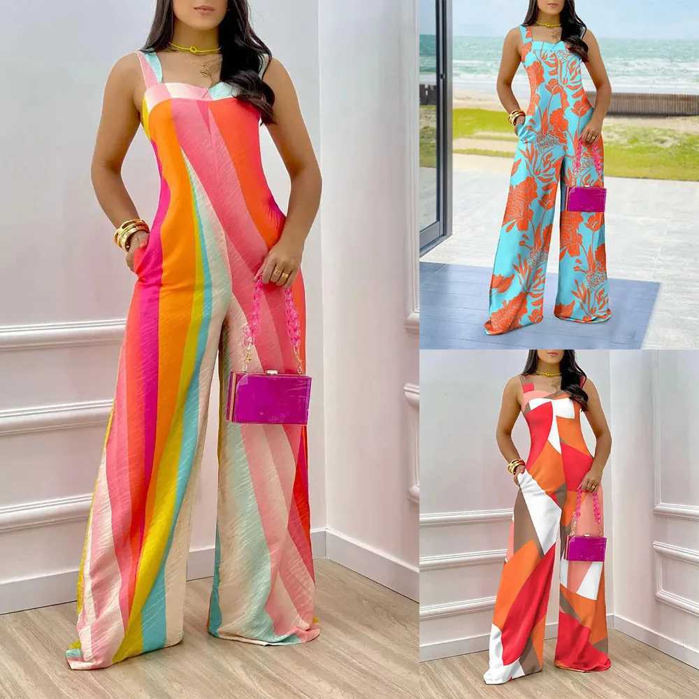 Womens sexy jumpsuit 2024 summer fashion print hollow temperature casual womens wide leg jumpsuit Mono De Verano Para Mujeres X250318