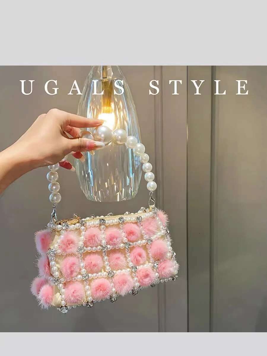 Mink Hair Pearl Beading Square Women Handbag Glitter Dias Evening Wedding Party Clutch Purse Crossbody Bag