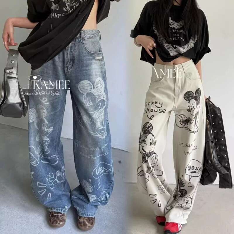 2025 Spring American Street Denim Trousers Cartoon Graffiti High Waist Skinny Wide Leg Jeans Or Mopping Straight Pants Women