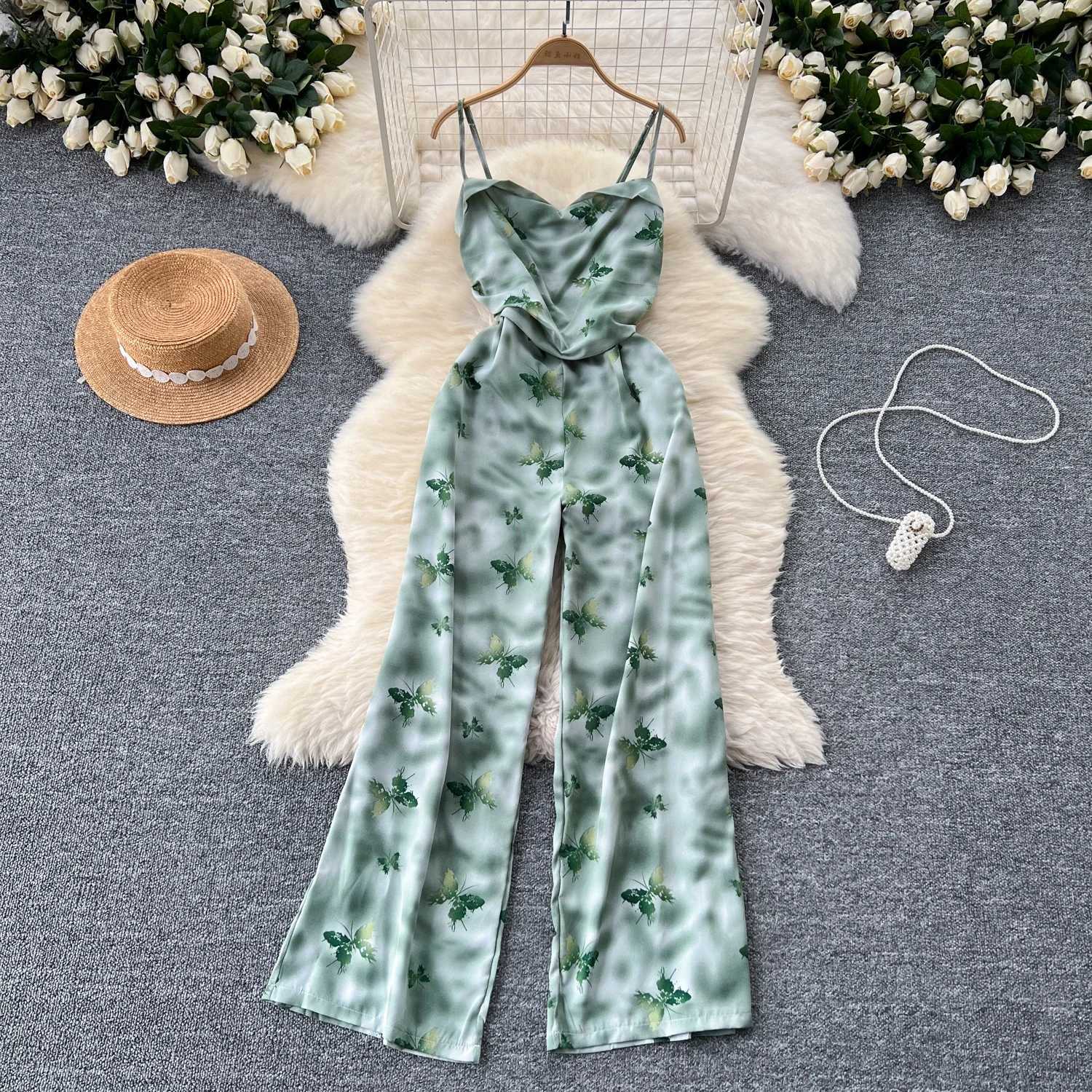 2024 Womens Vacation Fashion jumpsuit Lace spaghetti strap pleated slim fit wide leg beach pants printed summer jumpsuit X250318