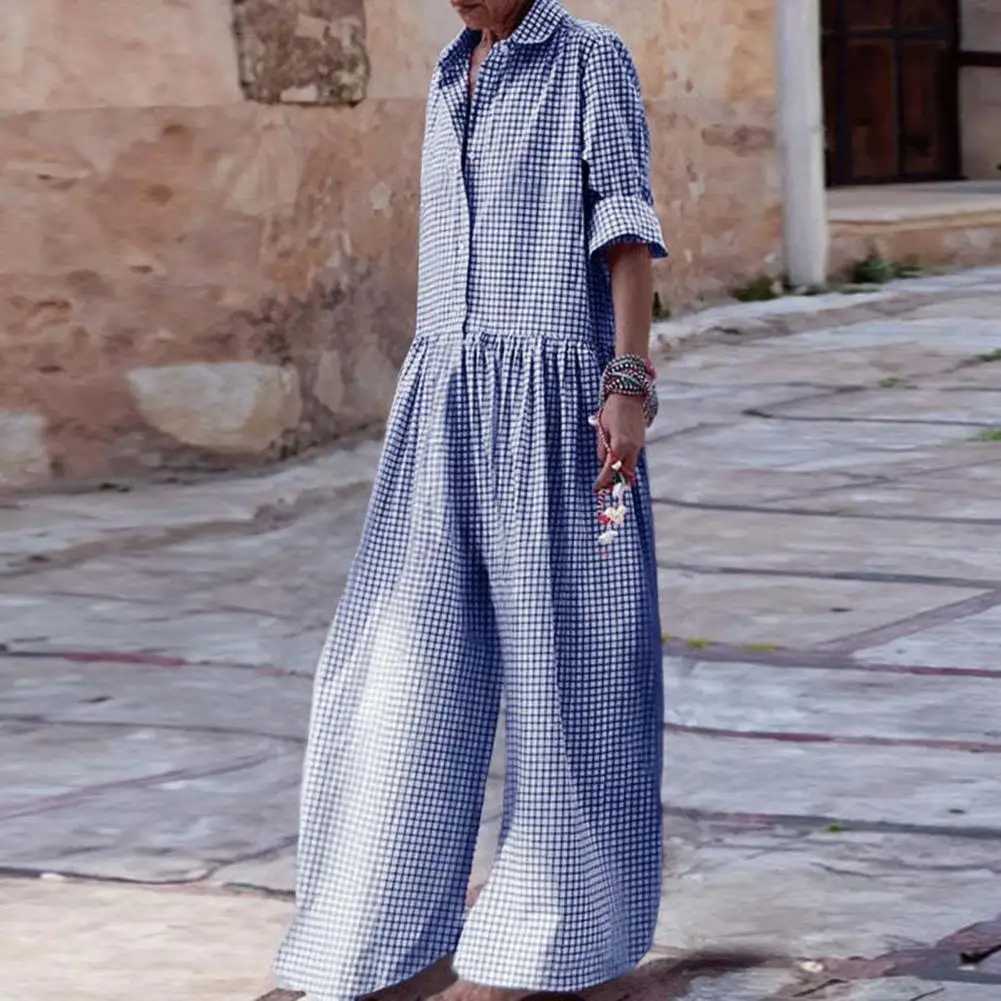 Soft Jumpsuit Stylish Check Print Womens Jumpsuit with Long Slves Wide Legs Casual Loose Fit for A Fashionable Look Elastic X250318