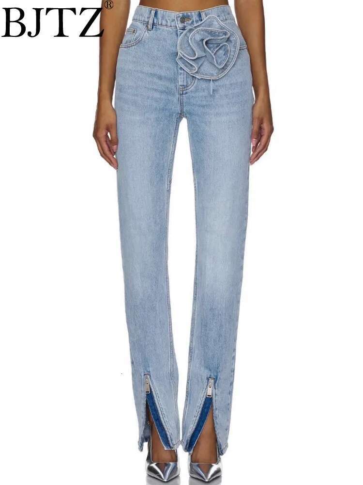 BJTZ Casual Minimalist 2025 Autumn And Winter New Design Sense Three-Dimensional Wer Slit High Waisted Jeans For Women