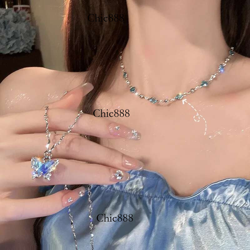 Exquisite Crystal Zircon Butterfly Necklace for Women Elegant Double Layer Clavicle Chain Choker Party Wedding Jewelry