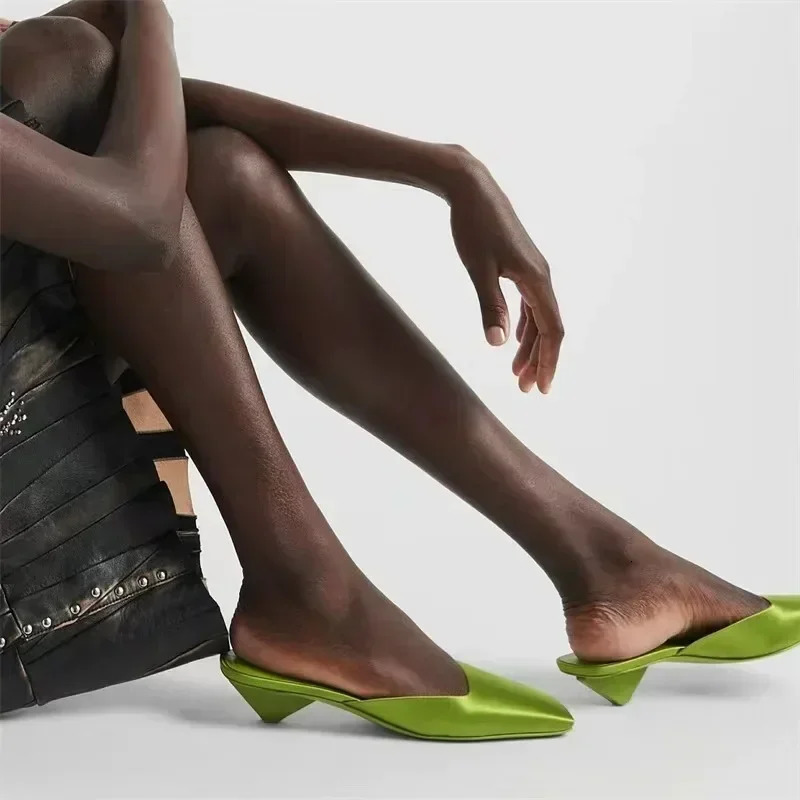 Satin Sandals Women Summer Sexy Square Head Strange Low Heel Slide Sandals Chunky Heel Elegant Mule Slippers Women 250322