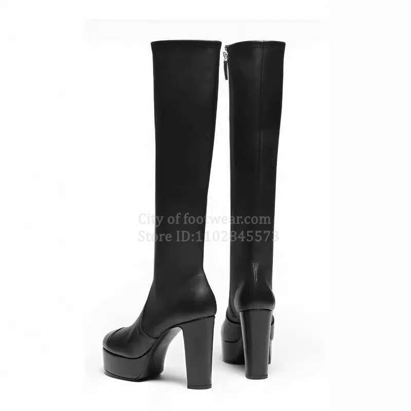 2024 Winter Runway New In Leather Platform Knee High Boots Women's Soft Black Chunky Heel Long Boot Designer Party Shoes