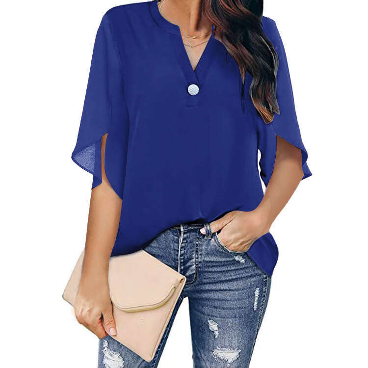 Women's short sleeved elegant casual solid color V-neck chiffon shirt for women 2024 new model