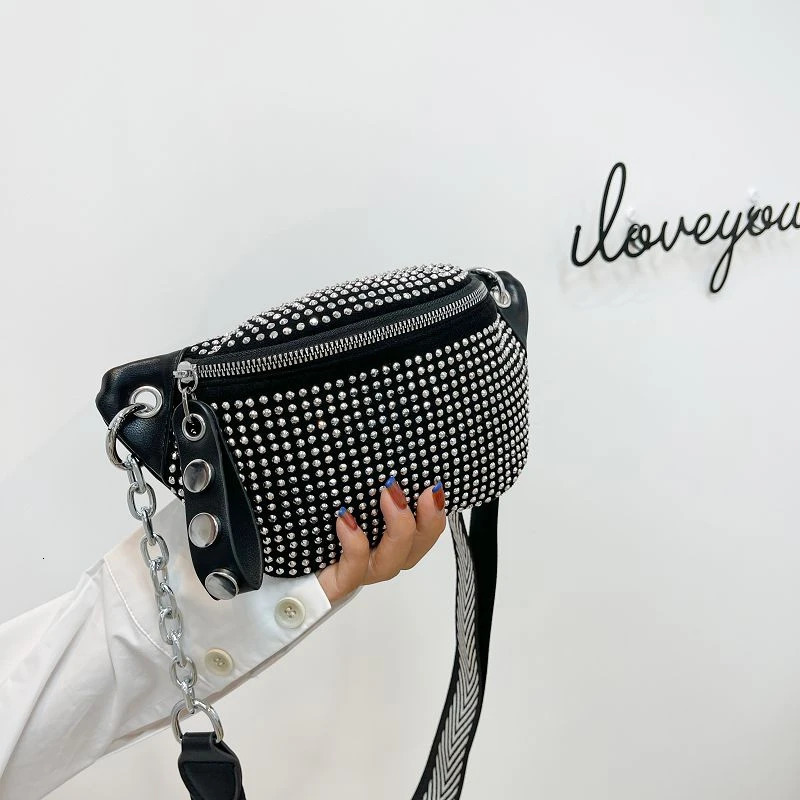 Fashion Leather Female Belt Bag Ladies Diamond Fanny pack Hip pack Woman Shoulder Crossbody Chest Bags Chain Waist Bags 250317
