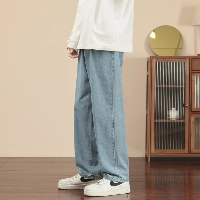Korean Fashion Mens Casual Ankle-Length Jeans Classic Man Straight Denim Wide-leg Pants Light Blue Grey Black 3XL 250318