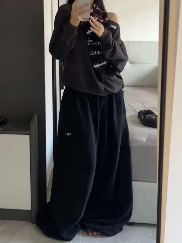 HOUZHOU Vintage Black Baggy Sweatpants Oversize Woman Korean Style Jogger Pants High Quality Haruku Streetwear Trousers Winter
