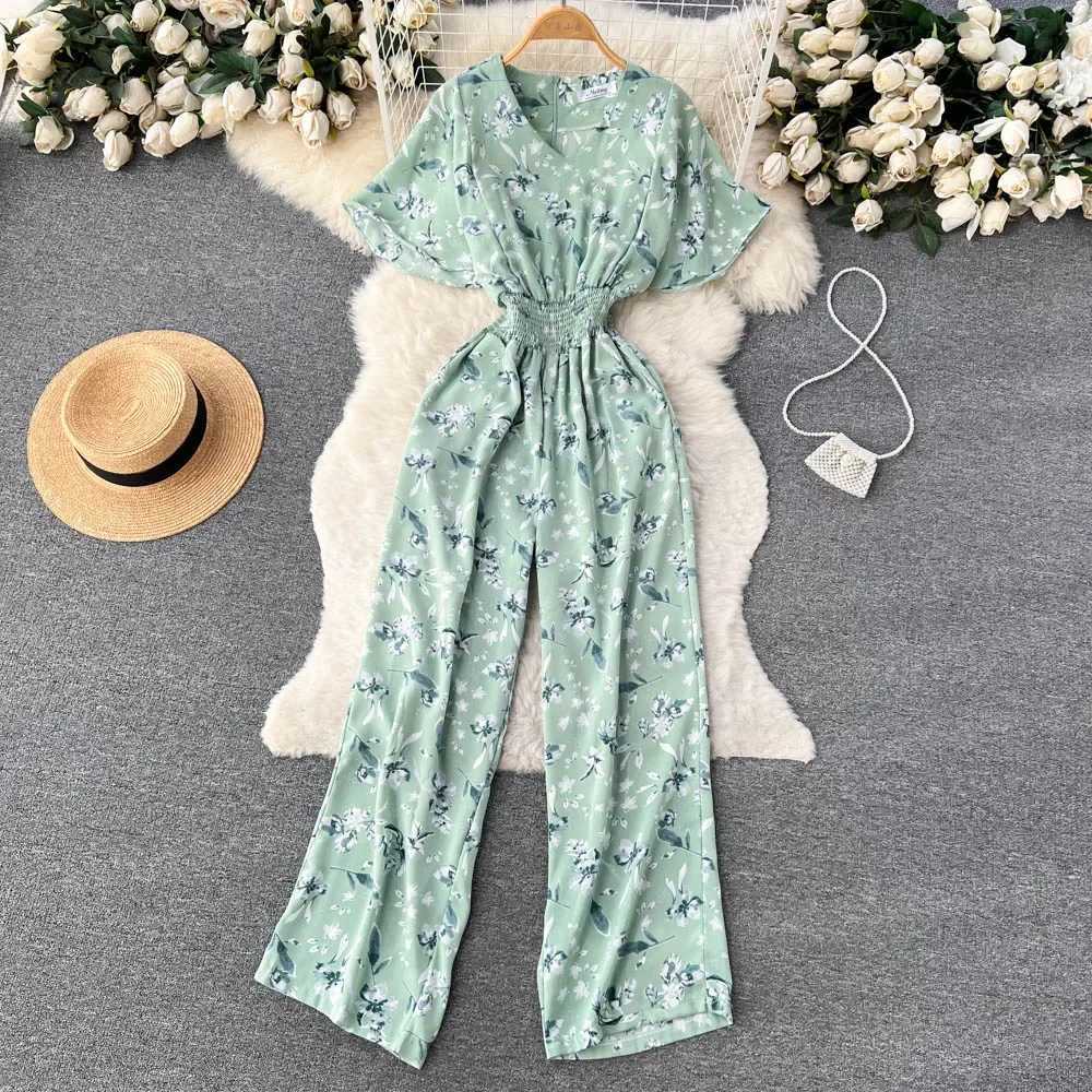 2024 new summer beach floral jumpsuit fashionable V-neck elastic ultra-thin short Sleve Strtwear vacation retro pants X250318