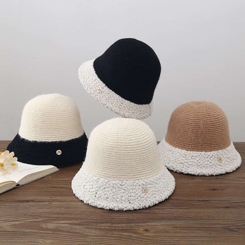 Splicing Women's Autumn Winter Plush Fisherman's Korean Edition Warm Knitted Bucket Fashionable Face Showing Small Hat Trendy