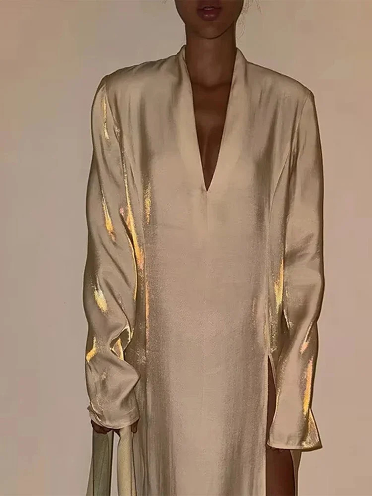 Glitter Party Long Dress Women Sexy V-neck High Split Female Dresses 2025 Spring Summer Street Elegant Full Sleeves Lady Robe 250318