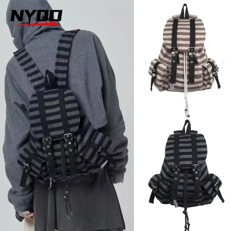 Y2k Striped Casual Backpacks Mochila Drawstring College Student School Bag Large Capacity Versatile Women Bags Bolsos De Mujer 250318