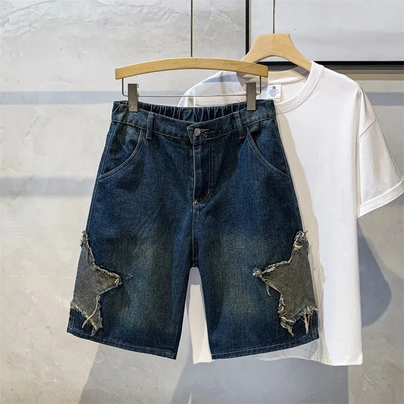 Star Shaped Mens Denim Shorts Solid Color Pocket Fashion Casual Harajuku Street Wear 250317