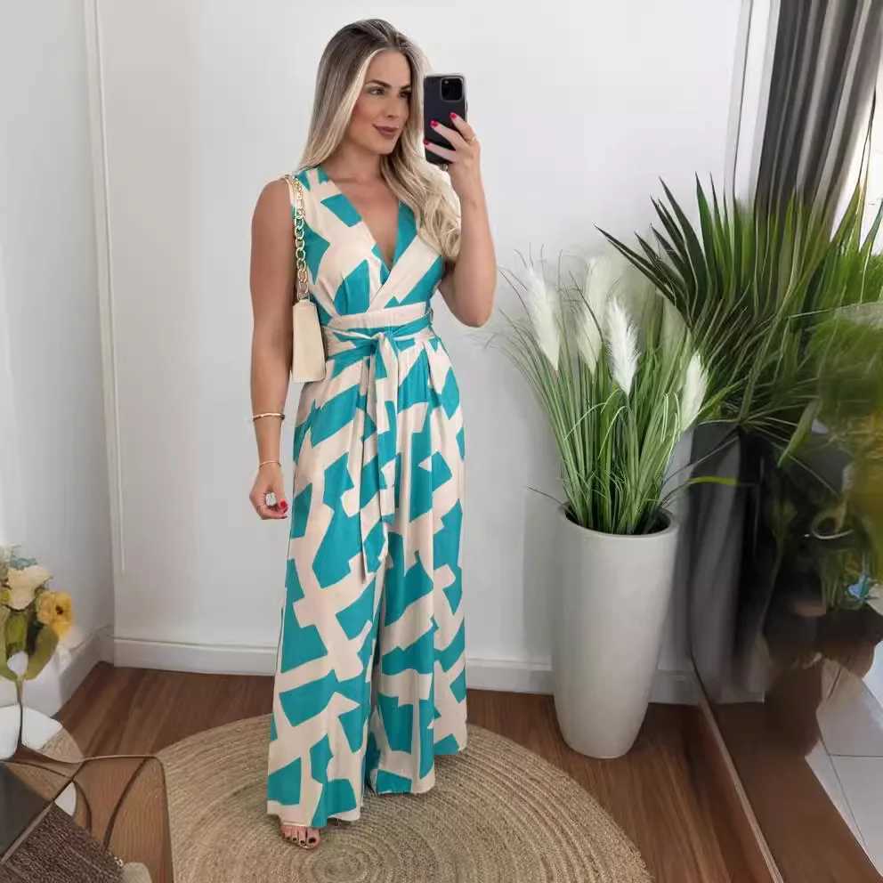 Summer fashion printed jumpsuit womens casual beach style V-neck strapless wide leg jumpsuit women X250318