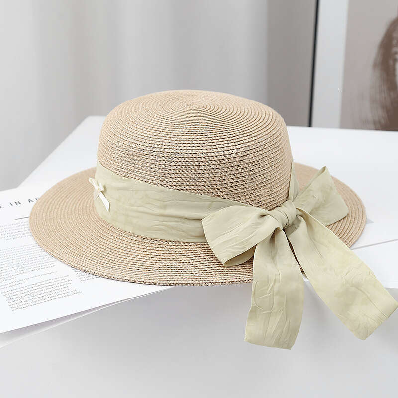 Summer fresh bow big ribbon flat top straw ins women's beach outdoor wide eave sunshade hat