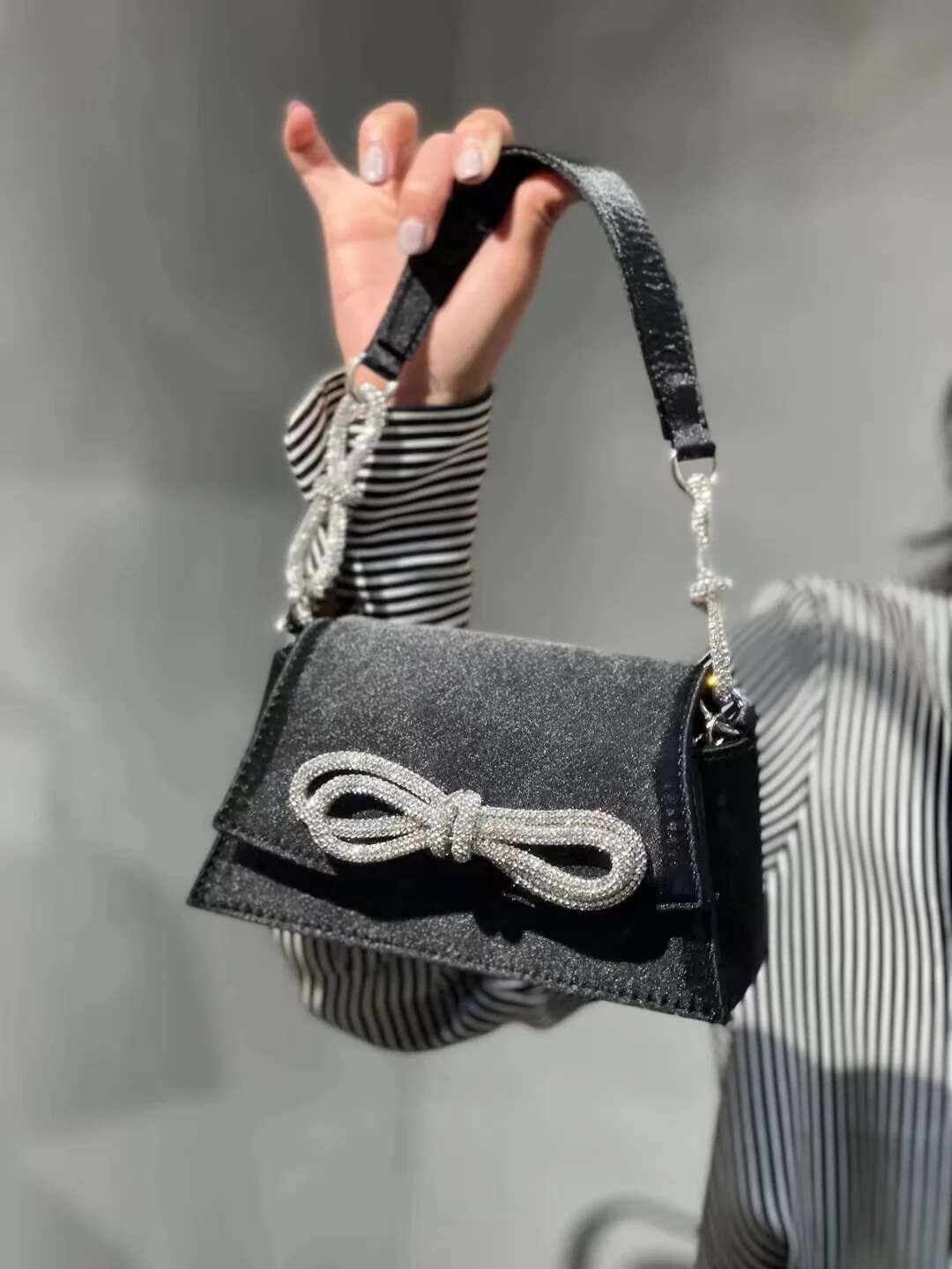 Satin Square Glitter Bow Knot Women's Handbag Rhies Dia Evening Dinner Party Clutch Purse Shoulder Bag