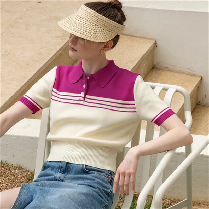 Summer Fashion Womens Wool Cotton Short-sleeved Tees Sweater Polo Collar Color Blocking Pullover Tops Knitted Bottoming T-shirt 250318