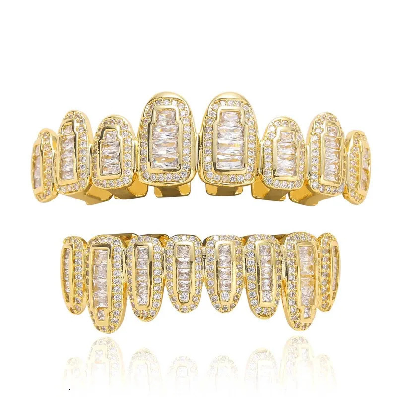 Square Zircon Teeth Holder Hip Hop Jewely Piercing Pave Teeth Grills Cap Top Bottom Set 8/8 Body Jewelry 250318