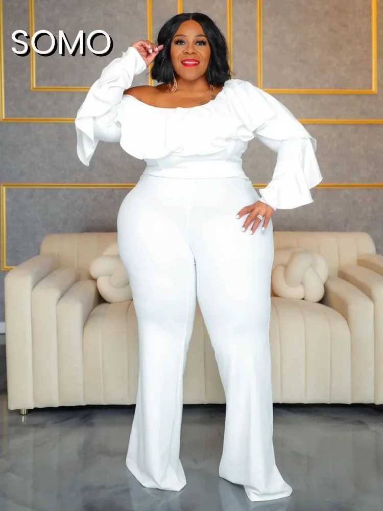 SOMO Plus size womens jumpsuit one-piece long Sleve 2024 solid color sexy loose oblique shoulder jumpsuit wide leg straight run X250318