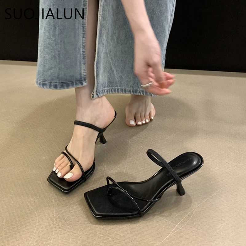 SUOJIALUN 2023 Summer Narrowband Text Skating Fi Square Toe Skating Womens Elegant Gladiator Sandals Thin High Heels Skating Y250317
