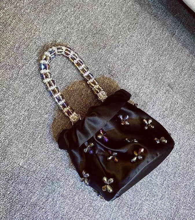 Satin Handmade Hobo Women Handbag Transparent Beads Beading Handheld Bucket Purse Fashion Evening Shoulder Bag