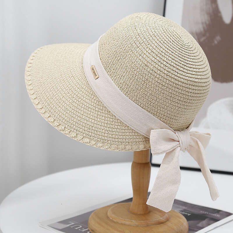 Women's Summer Outdoor Big Eaves Protection Grass Bow Beach Folding Weave Sun Hat