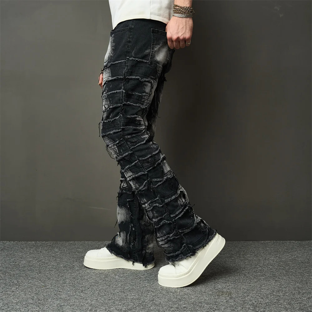 Streetwear HipHop Men Ripped Spliced Patch Straight Jeans Stylish Male Distressed Loose Biker Denim Pants 250408