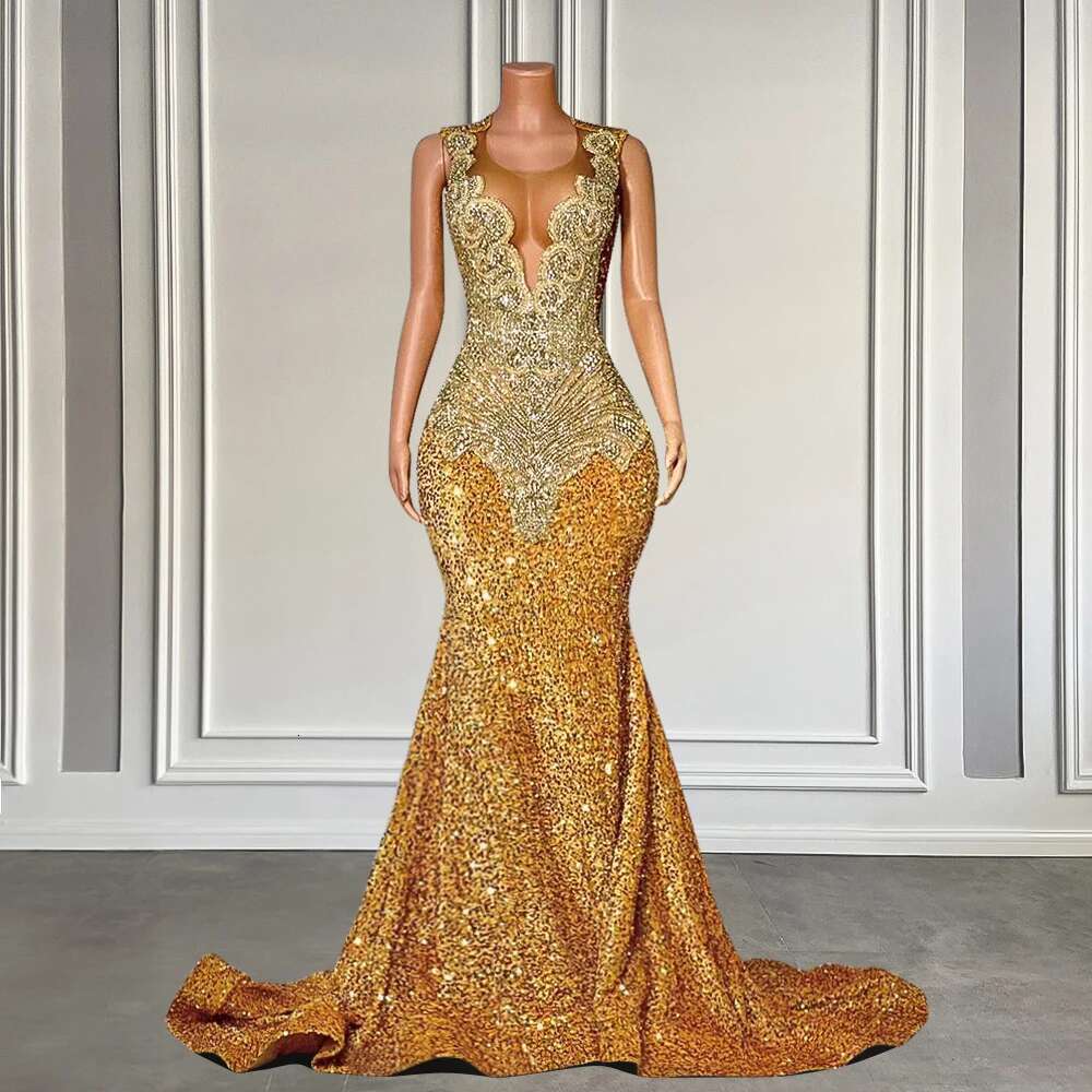 Long Gold Mermaid Prom Dresses 2025 Urious Sheer Mesh Dia Beaded Crystal Black Girls Birthday Party Gowns Customized Dr0318