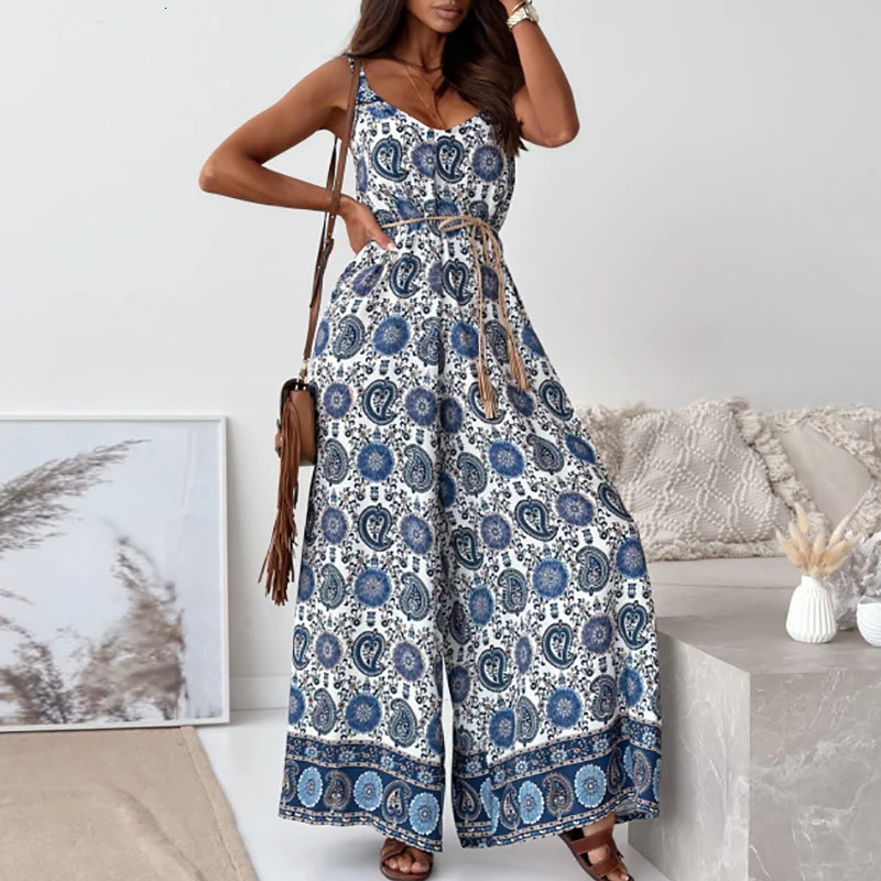 Fashion V Neck Suspender Bohemian Romper Casual Streetwear Loose Playsuit Retro Pattern Printed High Waist Womens Jumpsuit 250314