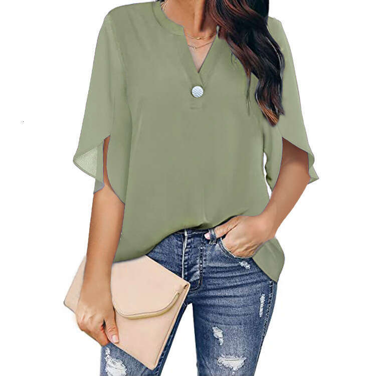 Women's short sleeved elegant casual solid color V-neck chiffon shirt for women 2024 new model