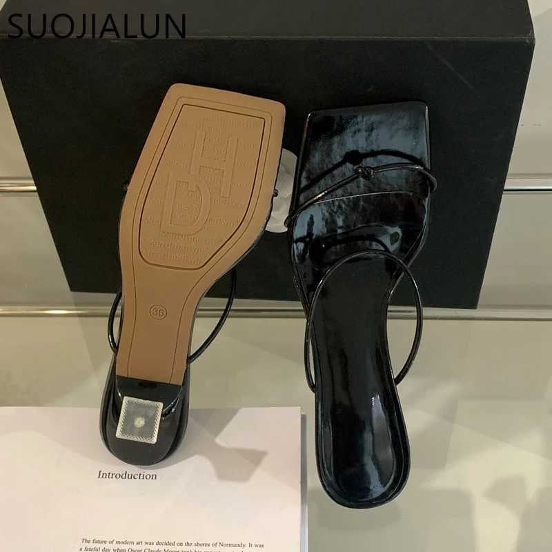 SUOJIALUN 2023 Summer Wen Slipper F Narrow Band Ladies Elegant Dress Sandal Shoes Thin Med Heel Square Toe Slides Shoes Y250317