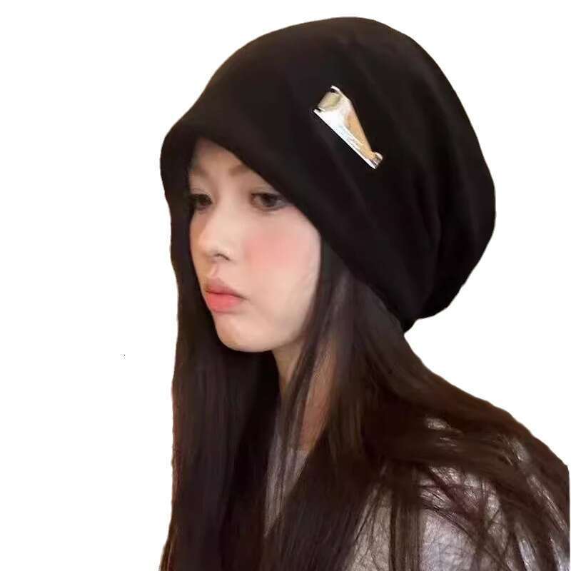 Lazy style big head circumference pile metal tag toe cap women's autumn internet famous cold knitted hat