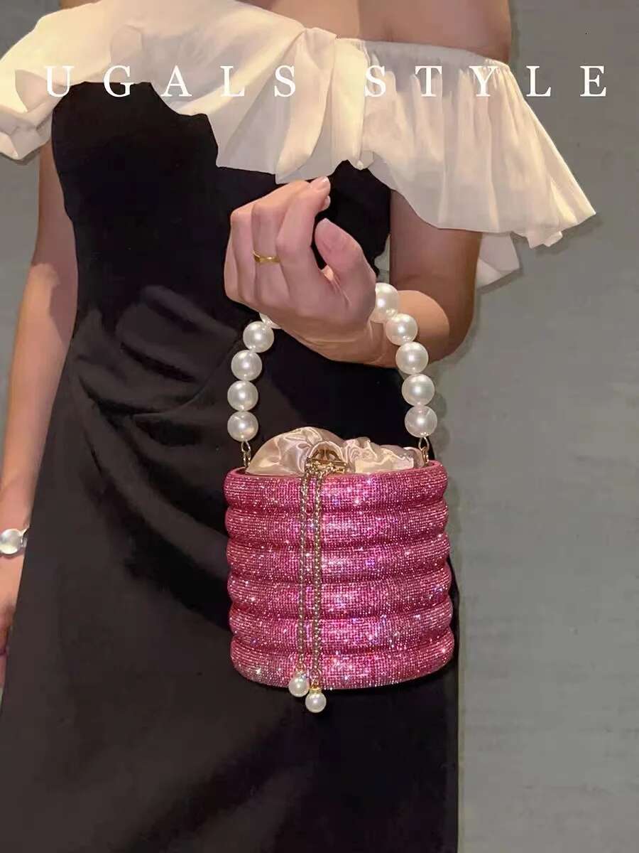 Glitter Bucket Pearl Beading Women's Handbag Bg Shiny Dias Evening Wedding Party Clutch Purse Shoulder Bag