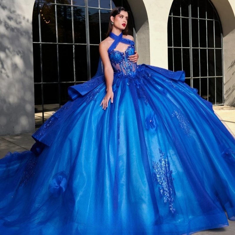 Royal Blue Shiny Off Shoulder Quinceanera Dresses Applique Flower Beads Tull Party Birthday Sweet 16 Dress Vestidos 15 De anos