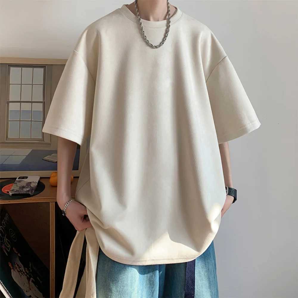Mens suede short sleeved retro loose T-shirt womens casual oversized T-shirt O-neck retro Harajuku top T-shirt new 2023T250318