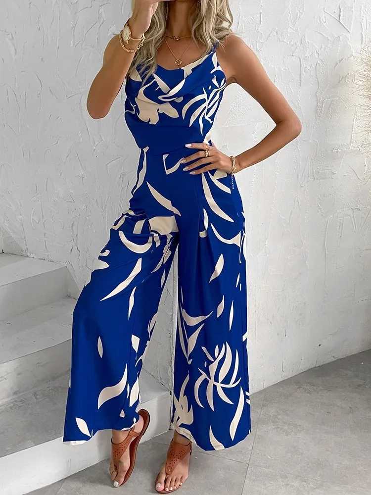 Summer Print Wide Leg Jumpsuit Womens Fashion Spaghetti Strap Elegant Office High Waist Casual Long Jumpsuits New 2024 X250318